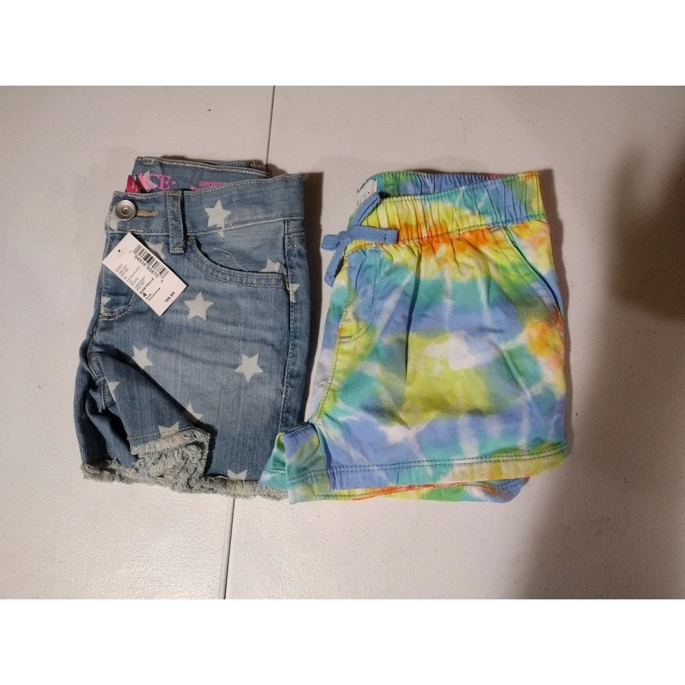 The Childrens Place Girls Shorts Bundle Size 4 Denim‎ Star Tie Dye 2 Pack NEW